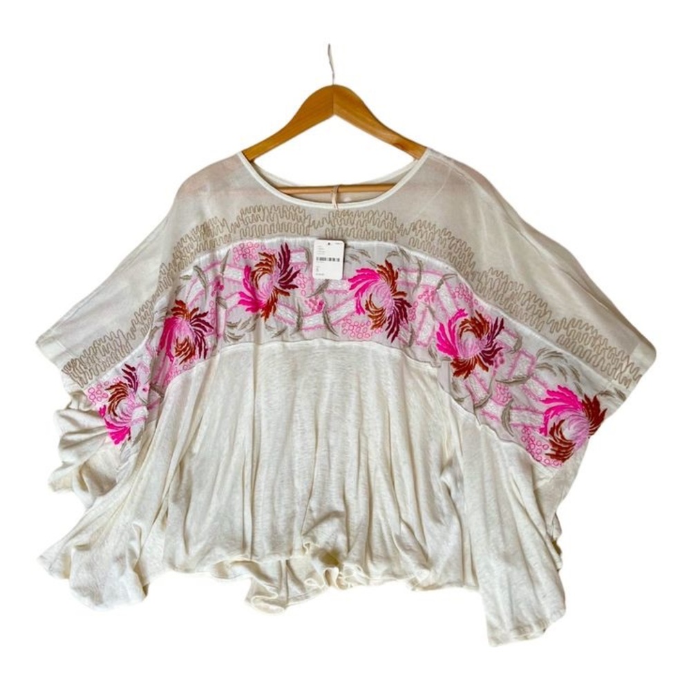 Free People Ivory Blouse with Fuchsia Embroidery